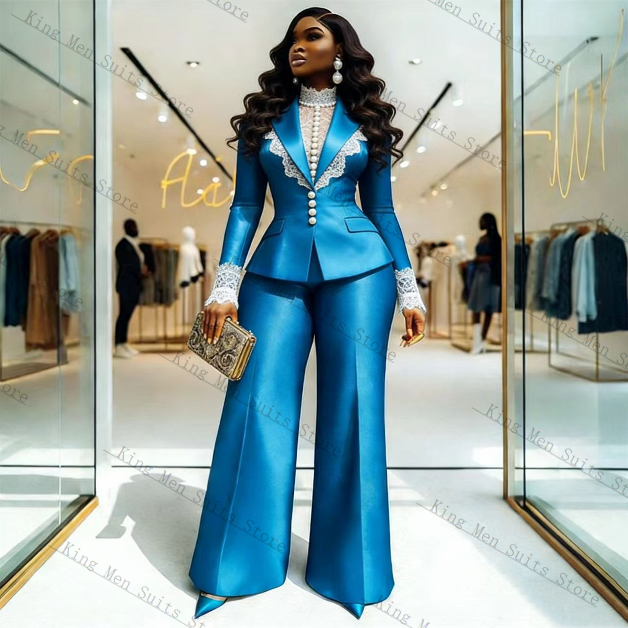 Women'S Formal Wear Suits - Blue Satin Lace Women Suit Set