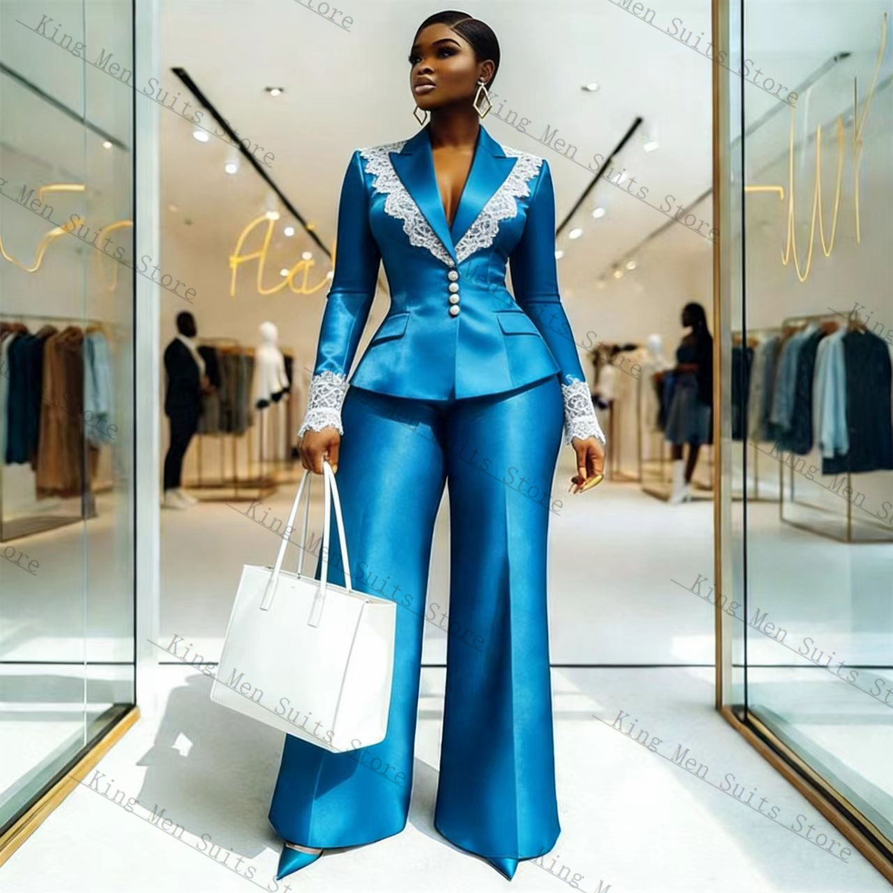 Blue Satin Lace Women Suit Set - огляд і ціна Women'S Formal Wear Suits