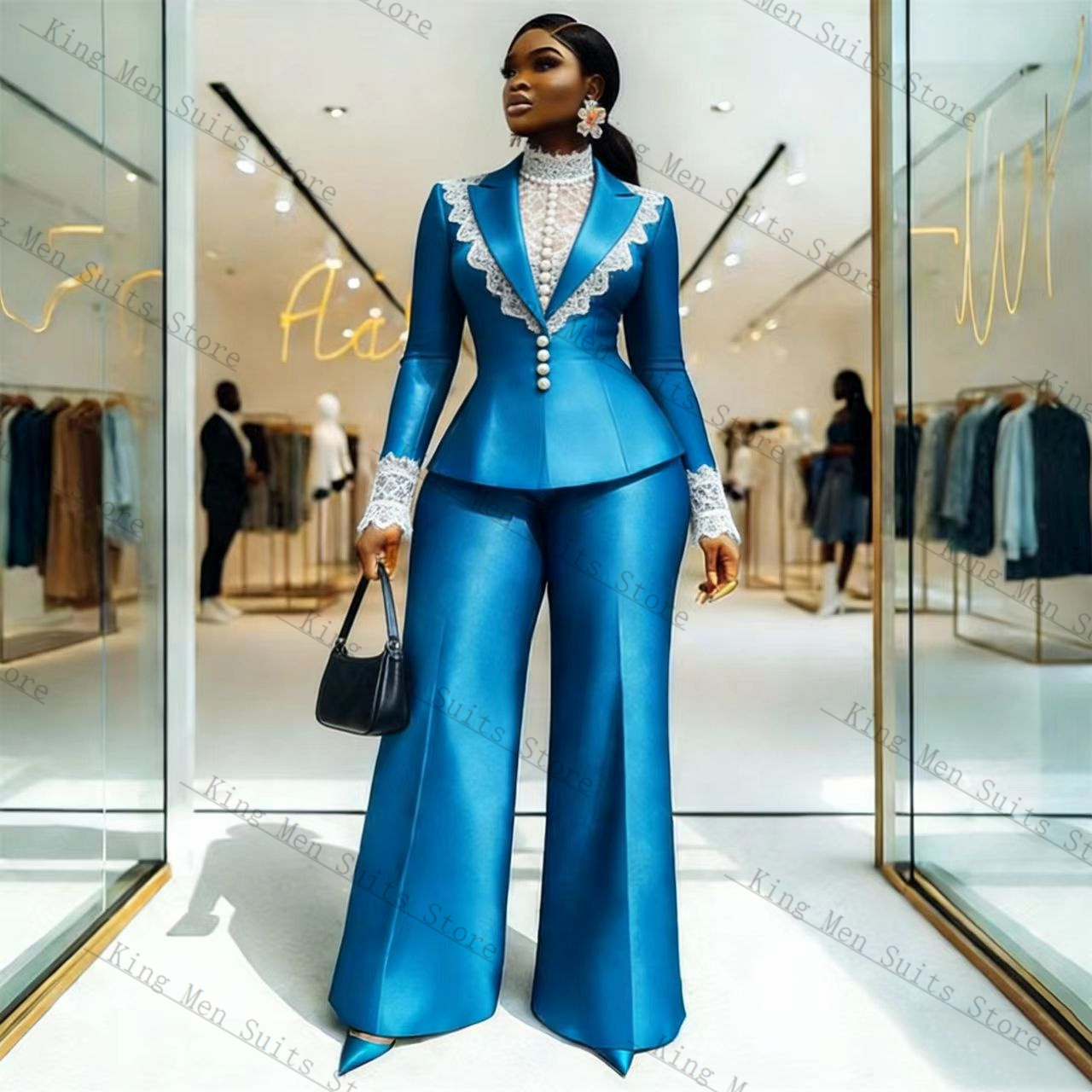 Blue Satin Lace Women Suit Set - огляд і ціна Women'S Formal Wear Suits