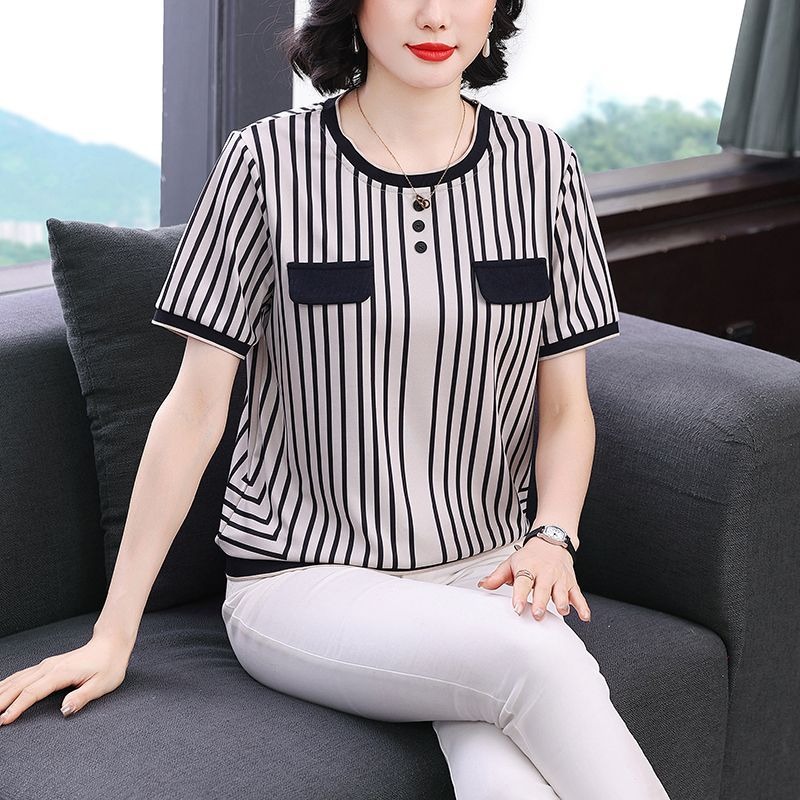 Women's Striped Ice Silk T-Shi - огляд і ціна Silk Blouse Button
