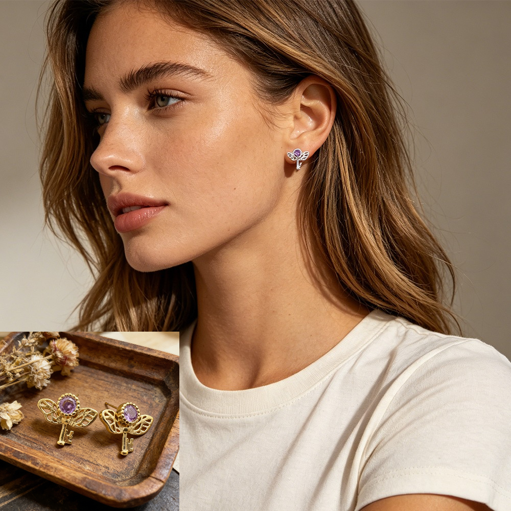 Retro Key Amethyst Stud Earrin - огляд і ціна Formal Wear Jewelry For Women